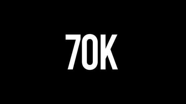 Minimalist 70k follower milestone text design showing a white neon light glow reveal and slow kinetic typography animation with a continuous backward zoom effect