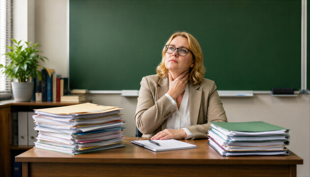 Middle-Aged Female Teacher at Classroom Desk Suffering from Sore Throat and Workload Stress