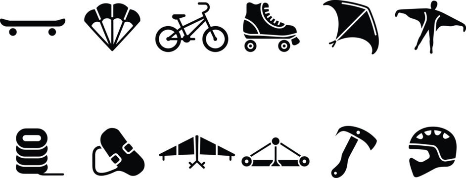 Sports equipment and extreme adventure and outdoor activities and recreation and roller skates in outline style