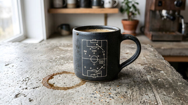 Coffee mug with soccer tactics diagram on a textured surface with coffee stain