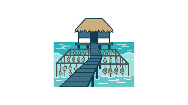 Tropical Overwater Hut with Oyster Farm on Turquoise Water
