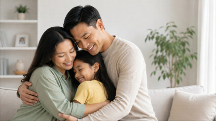 Obraz premium Happy Asian parents hugging their daughter at home