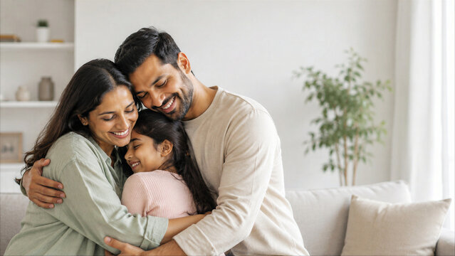 Happy Indian family of three embracing at home, smiling parents hugging daughter in living room