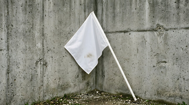 White flag of surrender leaning against a rough concrete wall