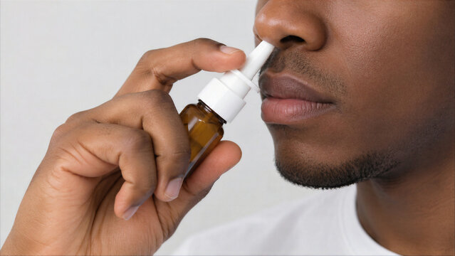 Close-up of a young African American man using nasal spray for sinus congestion relief
