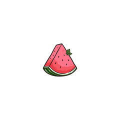 Hand Drawn Watermelon Wedge With Juicy Pink Interior Black Seeds Striped Green Rind And Delicate Mint Leaf Accent Vector Illustration © ndomble