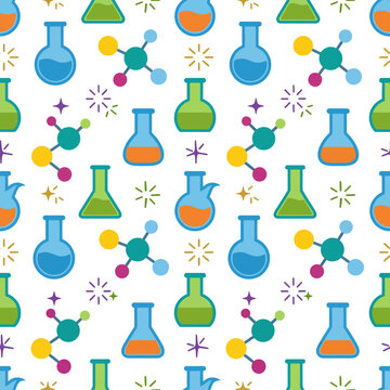 Seamless pattern of science lab equipment and molecular structures in a playful cartoon style