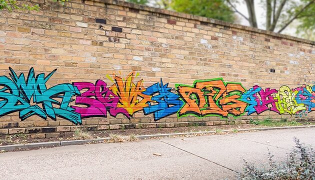 Colorful graffiti mural on brick wall in urban alley
