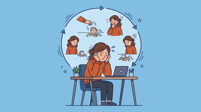Woman Replaying Embarrassing Moment in Her Mind in a Loop &mdash; Anxiety Concept Flat Illustration