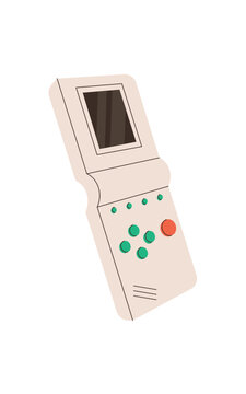 Y2K retro handheld game console patch in flat style with electronic gadget look. Vintage portable videogame device as video game patch, in white with green, perfect for digital art.