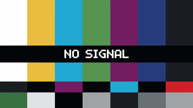 Television no signal test pattern with vertical color bars and pixelated text