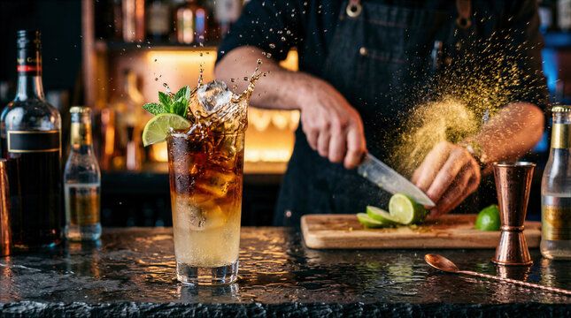 Dynamic action shot of a professional bartender slicing lime behind a wet bar with a splashing iced rum cocktail, flying liquid drops, and fresh mint in a moody speakeasy.