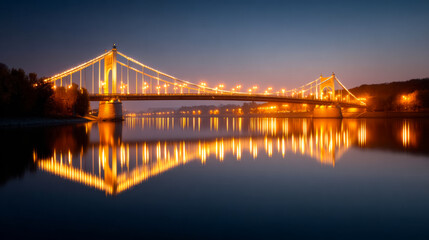 Fototapeta premium Illuminated suspension bridge reflecting on calm river at dusk