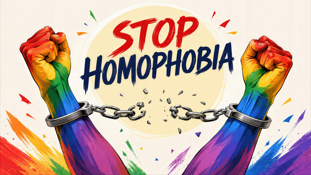 Stop Homophobia illustration with rainbow painted arms breaking metal chains for LGBTQ rights and liberation.