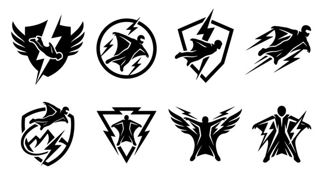 Wingsuit flying and extreme skydiving logo icons