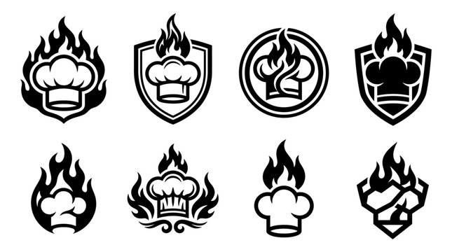 Spicy grill and chef hat flame logos