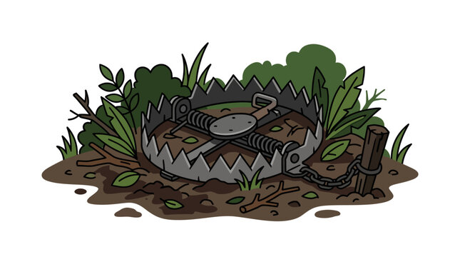 Metal bear trap set in grass and dirt.