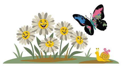 Group of flowers with faces and world map butterfly flying over cute snail in garden. © jubayer95