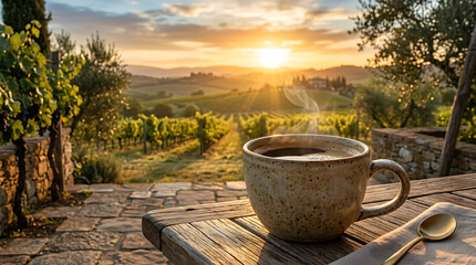 Naklejka premium Serene vineyard sunset with a rustic coffee cup and scenic landscape capturing tranquility and natural beauty at dusk