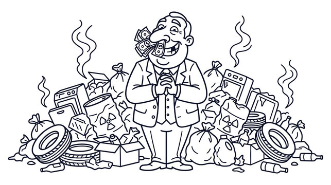 Greedy man with money in nose sits in pile of garbage and trash representing wealth and pollution.