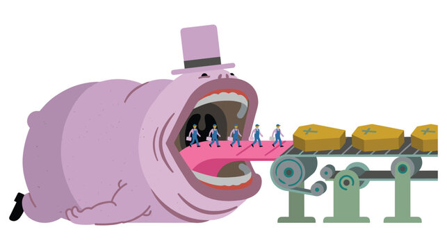 Monster with open mouth devours tiny people walking towards coffins on conveyor belt.