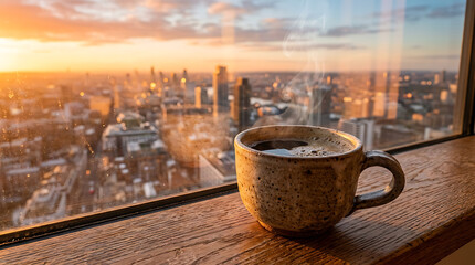 Obraz premium Serene sunrise view of a bustling cityscape from a high-rise window with a steaming coffee mug in the foreground capturing a