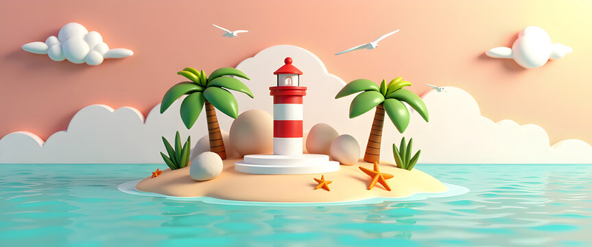 Bright lighthouse plinth showcase template for summer skincare cosmetic product advertisement and web banner