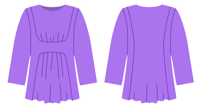 Purple empire waist top with long sleeves, gathered underbust seam and loose flowing silhouette. Technical fashion illustration in flat color, front and back views, modern apparel design. Vector