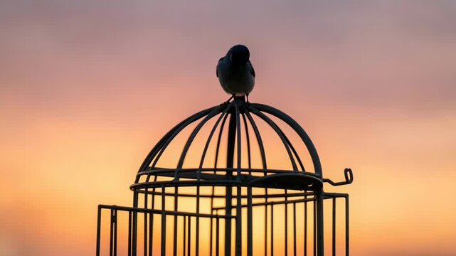 A bird sitting atop a metal cage bathed in warm sunset hues.