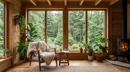 Fototapeta premium Cozy cabin living room with large windows overlooking a lush forest