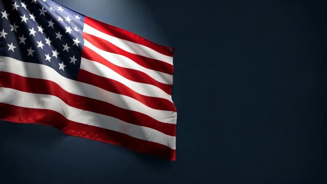 A close-up of an American flag fluttering in the wind with a blurred blue background, symbolizing national pride and freedom.