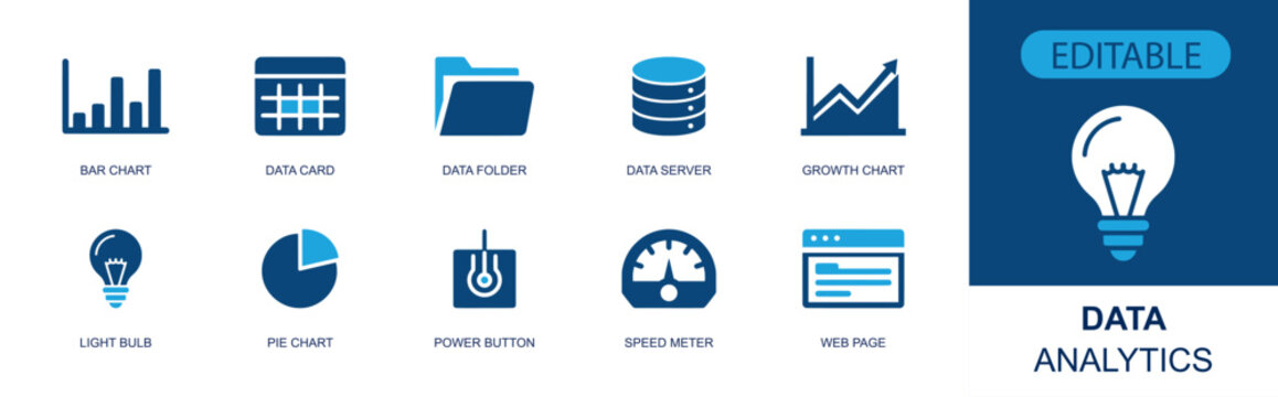 Data analytics dashboard icon set. Containing bar chart, data card, data folder, data server, growth chart, pie chart, power button, speed meter, web page and more. Solid fill vector icons.