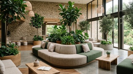 Fototapeta premium Modern hotel lobby with comfortable seating and lush indoor plants