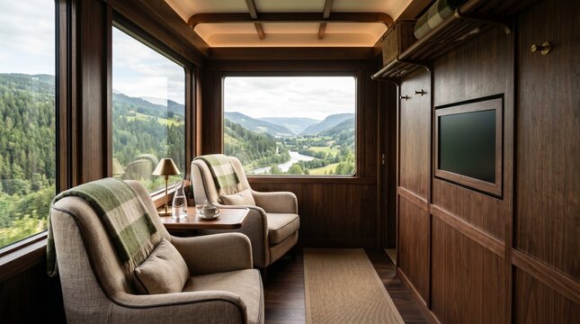 Luxury train cabin with scenic view of green valley and river