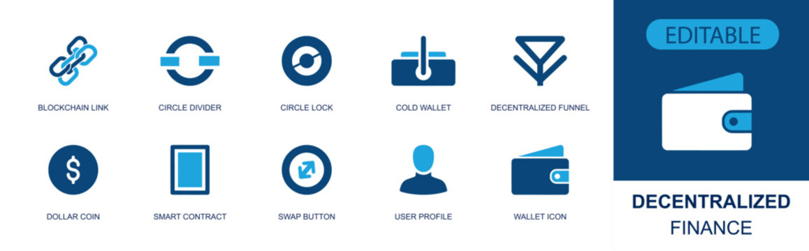 Decentralized finance icon set. Containing blockchain, circle lock, cold wallet, smart contract, dollar coin, swap button, wallet icon, profile, funnel and more. Solid fill vector icons.