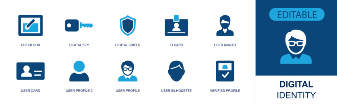 Digital identity icon set. Containing checkbox, digital key, digital shield, ID card, avatar, user card, user profile, user silhouette, verified profile and more. Solid fill vector icons