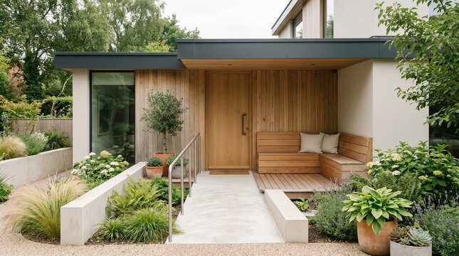 Modern house entrance with wooden cladding and lush green garden