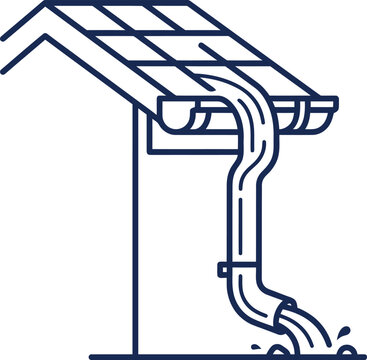Home Rain Gutter System with Water Flowing from Roof and Downspout