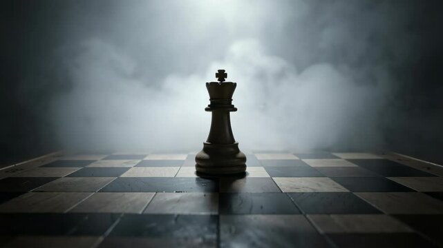 This captures the essence of isolation and power with a single chess king pawn on a checkerboard surface shrouded in eerie fog.