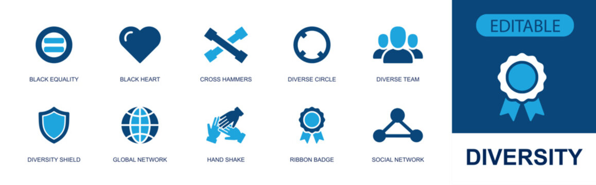 Diversity inclusion icon set. Containing equality sign, heart, diverse team, handshake, global network, social network, shield, badge, inclusive circle and more. Solid fill vector icons.