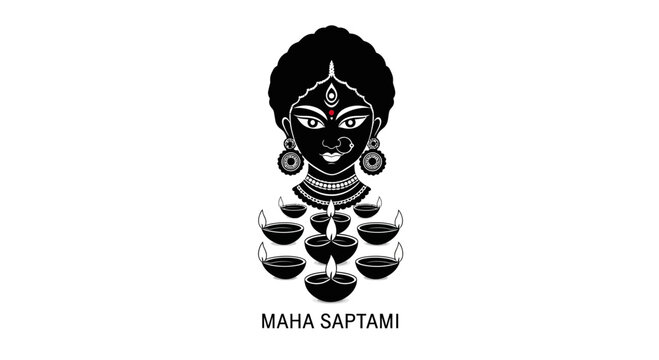 Stylized black and white illustration of Goddess Durga for Maha Saptami festival.