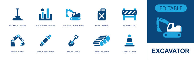 Excavator icon set. Containing backhoe digger, excavator machine, road block, robotic arm, shock absorber, shovel tool, track roller, traffic cone and more. Solid fill vector icons. © Jacki