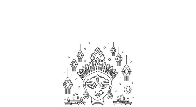 Line art illustration of Goddess Durga face with traditional lamps and hanging lanterns.
