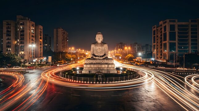 Buddha Statue Monument Roundabout at Night Long Exposure