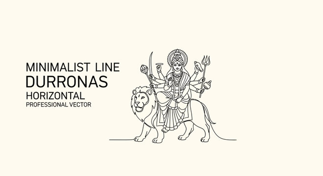 Minimalist continuous line drawing of Goddess Durga riding a lion.
