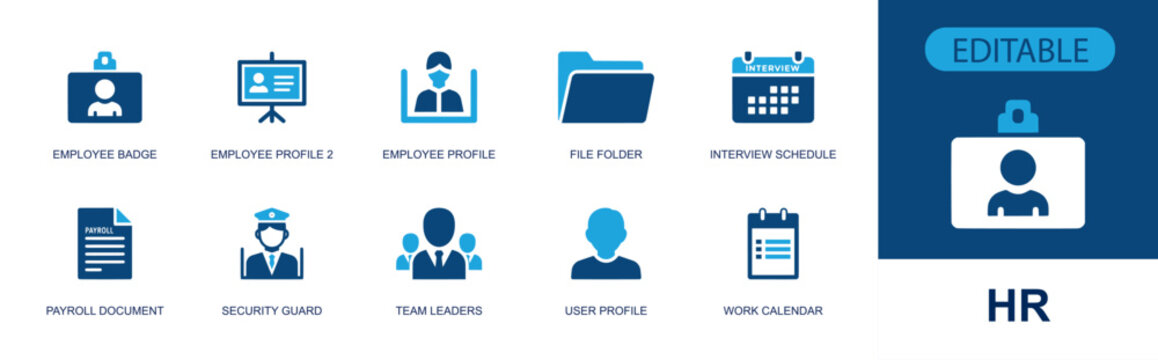 Human resources icon set. Containing employee badge, profile, folder, interview calendar, payroll, security guard, team leaders, work calendar, user card and more. Solid fill vector icons.