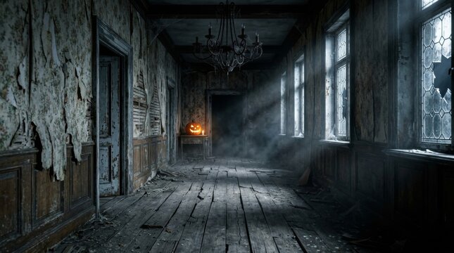 Dark dilapidated room with glowing fire for eerie halloween concept abandoned halloween interior