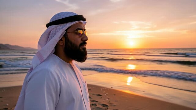 A man in traditional Middle Eastern clothing standing on the beach at sunset.