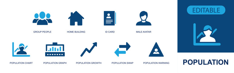 Population icon set. Containing family group, group people, home building, ID card, male avatar, population chart, population graph, population growth and more. Solid fill vector icons. © Jacki