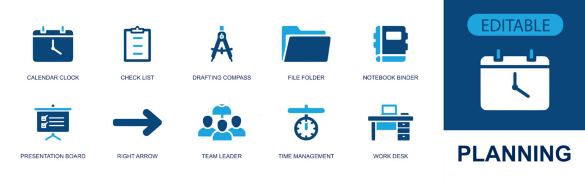 Planning icon set. Containing calendar clock, checklist, drafting compass, folder, binder, presentation board, team leader, time management, desk and more. Solid fill vector icons.